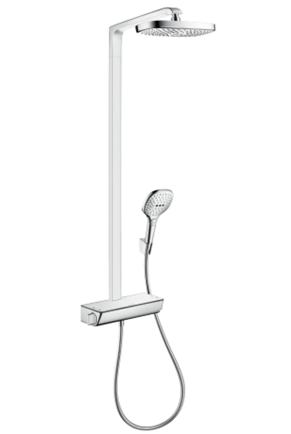 Hansgrohe Duschsystem mit Regendusche und Handbrause, montiert an einem schlanken Wandrohr. Robust und funktional, geeignet für eine moderne Badezimmergestaltung.